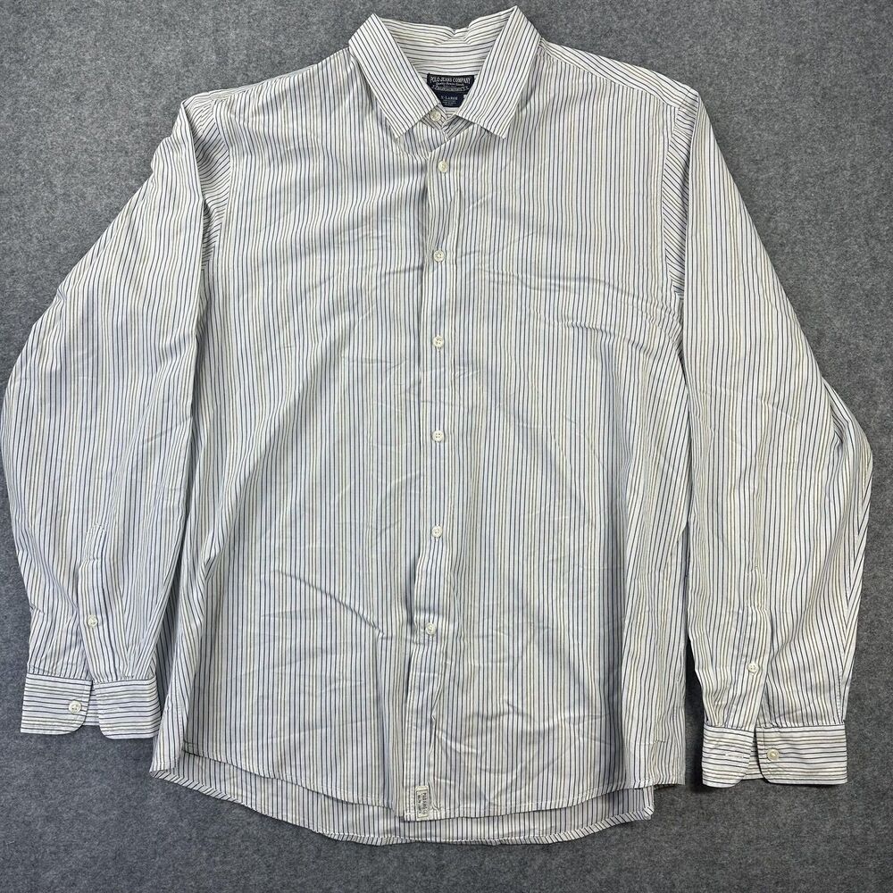 Polo Jeans Company Shirt Mens XL White Blue Stripe Button Front Long Sleeve